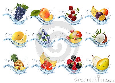 Set of fruits and vegetables in water splashes. Apricot, watermelon, cherry, raspberry, blackberry, coconut, pear, sweet melon, Vector Illustration