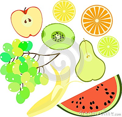 Set of fruits watermelon, orange, kiwi, grapes, banana, pear, ap Vector Illustration