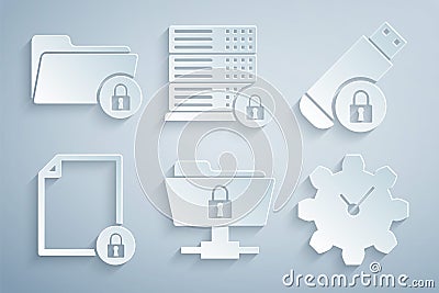 Set FTP folder and lock, USB flash drive with, Document, Time Management, Server security and Folder icon. Vector Stock Photo
