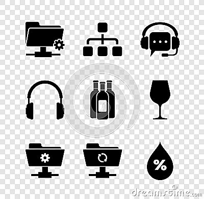 Set FTP settings folder, Hierarchy organogram chart, Headphones with speech bubble, , sync refresh and Water drop Vector Illustration