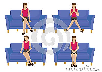 Set of full length casual woman in various sitting positions isolated on white background Vector Illustration