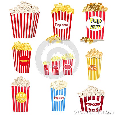 Set of full red-and-white striped popcorn buckets in different sizes. Vector Illustration