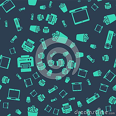 Set Full trash can, Laptop, Printer and Movie, film, media projector on seamless pattern. Vector Vector Illustration