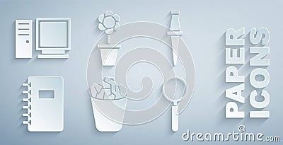 Set Full trash can, Push pin, Spiral notebook, Magnifying glass, Flower pot and Computer monitor icon. Vector Vector Illustration