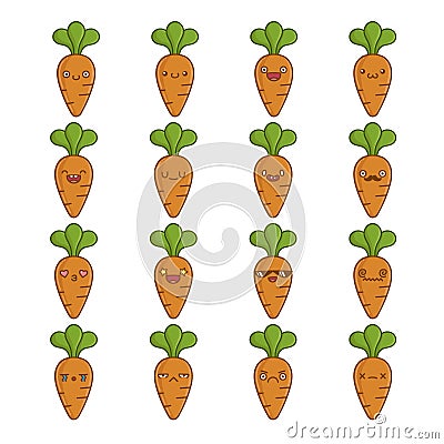 Set of fun cute carrot vegetable icon cartoons Vector Illustration