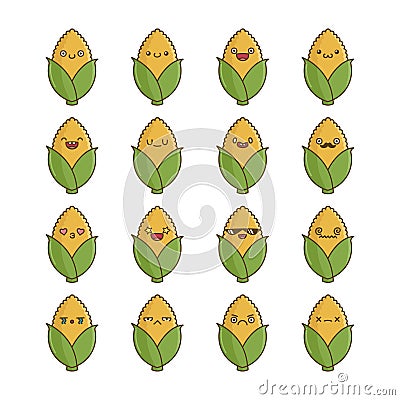 Set of fun cute corn vegetable icon cartoons Vector Illustration