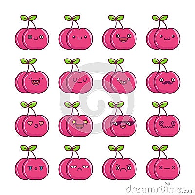 Set of fun kawaii cherry fruit icon cartoons Vector Illustration