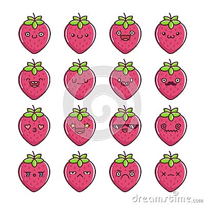 Set of fun kawaii strawberry fruit icon cartoons Vector Illustration