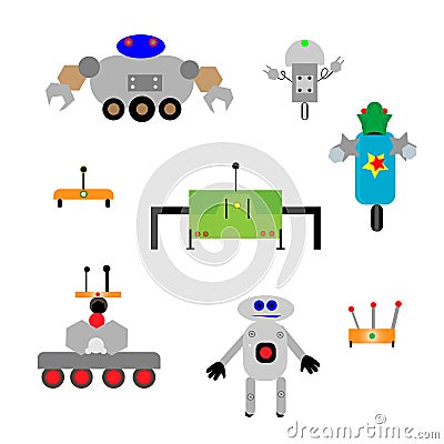 Set of fun robots of different shapes. Children`s drawing. Vector Illustration