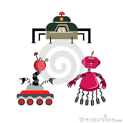 Set of fun robots of different shapes. Children`s drawing. Vector Illustration