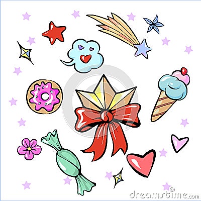 Set of fun trendy diadem sweets heart star icecream candy flower sticker isolated on white Vector Illustration