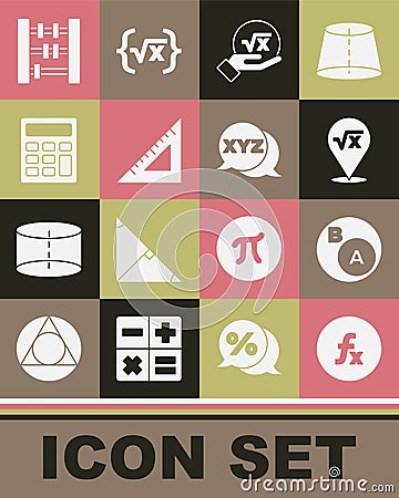 Set Function mathematical symbol, Subsets, math, is subset of, Square root x glyph, Triangular ruler, Calculator, Abacus Vector Illustration