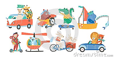 Set of funny adorable animals in various types of transport - driving car, fishing in sailboat, riding bicycle Cartoon Illustration