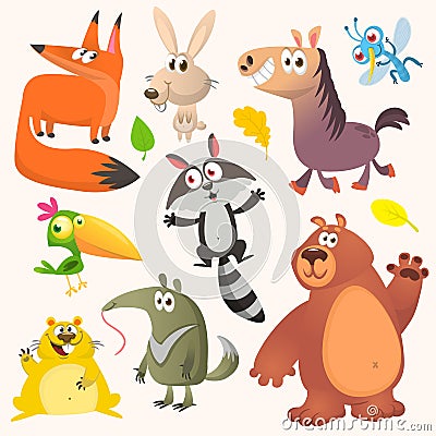 Set of funny animals isolated on white background. Cartoon fox ant-eater horse bunny raccoon hamster and bear. Vector illustration Vector Illustration