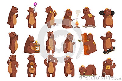 Set with funny bear. Forest animal waving by paw, holding balloon, dancing, howling, calling someone, eating honey from Vector Illustration