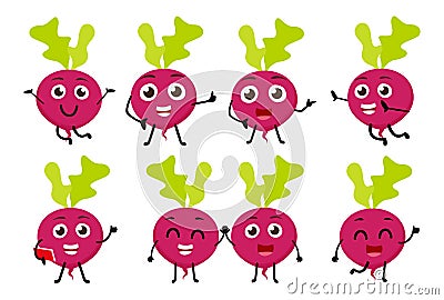 Set of funny beetroot vegetable cartoon character Vector Illustration