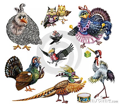 Set of funny birds Stock Photo