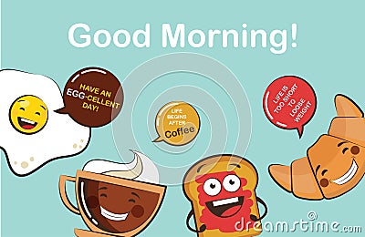 Set of funny breakfast food icons. Cartoon face food emoji. Funny food concept. Vector Illustration
