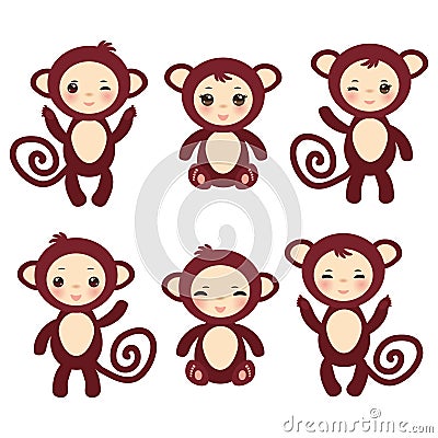 Set of funny brown monkey boys and girls on white background. Vector Vector Illustration