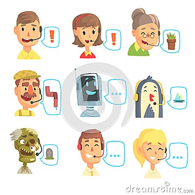 Set of funny call centre operators with headset, customer support service colorful vector illustrations Vector Illustration