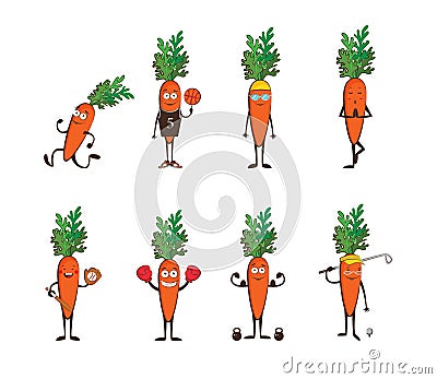 Set of funny carrots doing sport . cartoon vector illustration isolated on white background. Cute and focused characters Vector Illustration