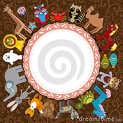 Set of funny cartoon animals character on a brown background. Vector Illustration