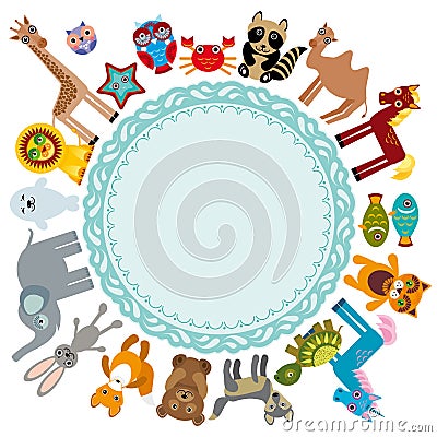 Set of funny cartoon animals character on a white background walking around globe. frame for your text. zoo. Vector Illustration