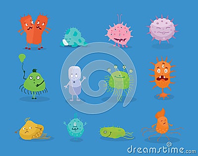 Set of funny cartoon bacteria, in different positions, shapes, kinds. Vector Illustration