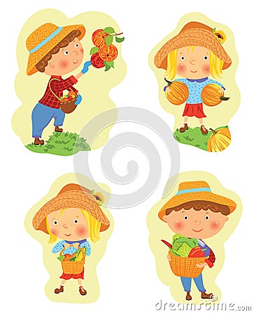 Set of funny cartoon boy and girl harvesting Vector Illustration