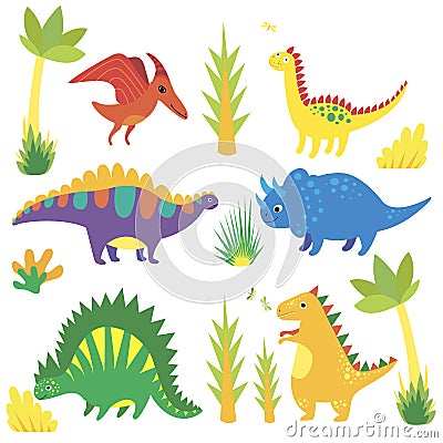 Set with funny cartoon dinosaurs, triceratops, diplodocus, tyrannosaurus, stegosaurus, pterosaur, corythosaurus Vector Illustration