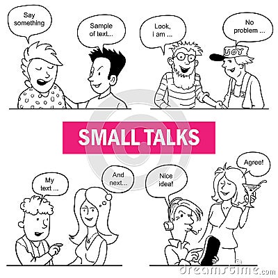 Set of Funny Cartoon Doodle People. Small Talks Situations Vector Illustration