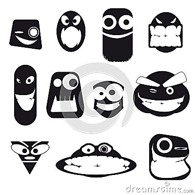 Set of funny cartoon faces, different emotions, on white Vector Illustration