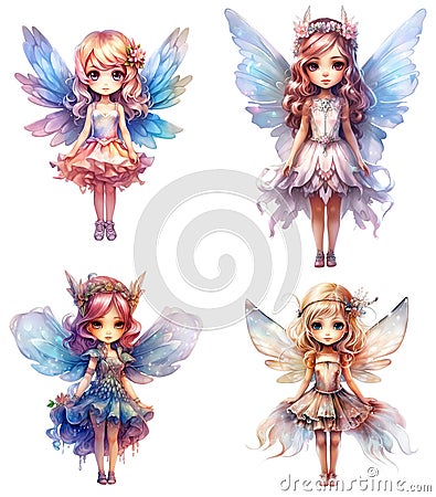 Set of funny cartoon fairies isolated on white background. Generative AI Stock Photo