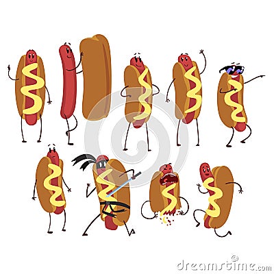 Set of funny cartoon hot dog character in action. Fast food concept. Flat vector illustration Vector Illustration