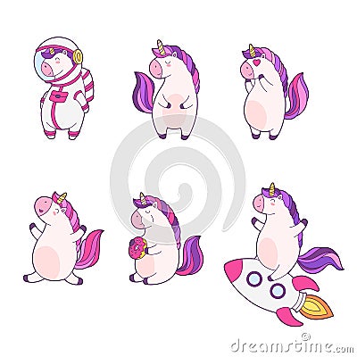 Set of funny cartoon magic unicorns. Patch, badge sticker. Collection of icons, pattern for clothes, t-shirts, print Vector Illustration