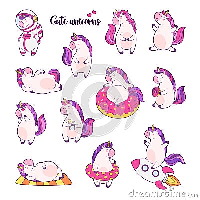 Set of funny cartoon magic unicorns. Patch, badge sticker. Collection of icons, pattern for clothes, t-shirts, print Vector Illustration