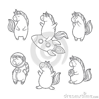 Set of funny cartoon magic unicorns. Patch, badge sticker. Collection of icons, pattern for clothes, t-shirts, print Vector Illustration