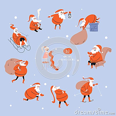 Set of funny cartoon Santa Clauses and baby on a blue background. A collection of diverse Santa characters behind Vector Illustration