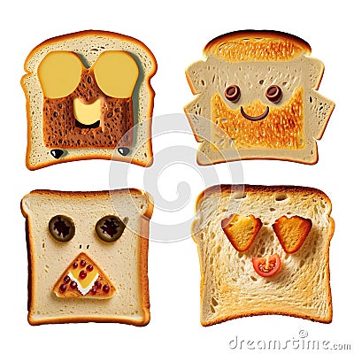 Set of funny cartoon toast bread characters isolated on white background. Generative AI Stock Photo