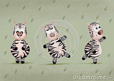 Set of funny cartoon zebras on white background. Cute colorful baby zebras on Stock Photo