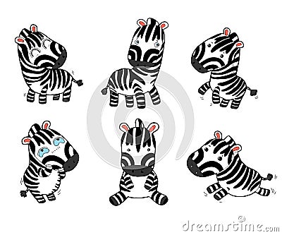 Set of funny cartoon zebras on white background, Vector illustration of cute cartoon zebra. Vector Illustration