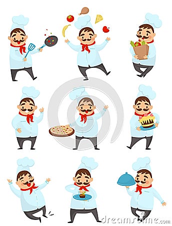 Flat vector set with funny chef in different actions. Professional restaurant worker. Man with mustache in kitchen Vector Illustration