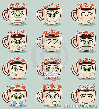 Set of funny coffee cups with different emotions. Vector emoji cacao set. Coffee cup logo funny stickers. Cartoon cute mug. Vector Illustration