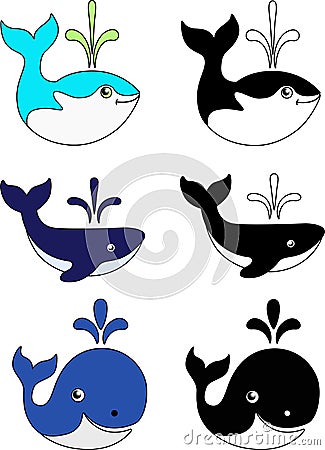 Set of funny color and black and white whales. Illustrations with whales for children. Marine mammals. Vector Illustration