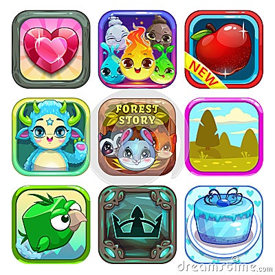 Set of funny cool app store game icons Vector Illustration