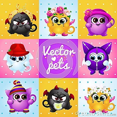 Set of funny cute creatures Vector Illustration