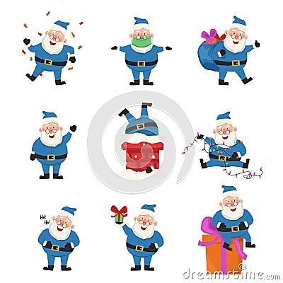 Set of funny and cute illustrations with Santa Claus in blue suit. Vector Illustration