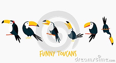 Set of funny cute toucans in different poses. Vector Illustration