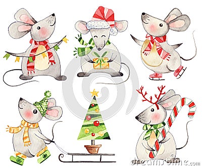 Set of funny cute xmas mice watercolor Stock Photo
