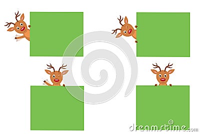 Set of funny deers holding a green board. Vector Illustration